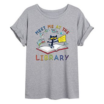 Juniors' Pete The Cat "Meet Me At The Library" Oversized Graphic Tee