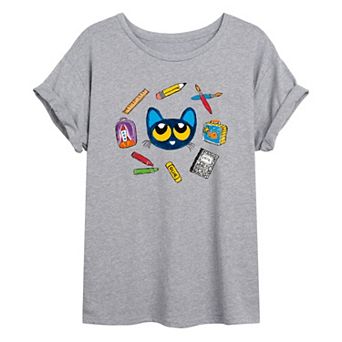 Juniors' Pete The Cat School Supllies Oversized Graphic Tee