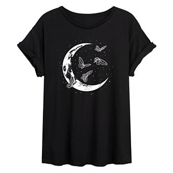 Juniors' Buterflies & Moon Oversized Graphic Tee