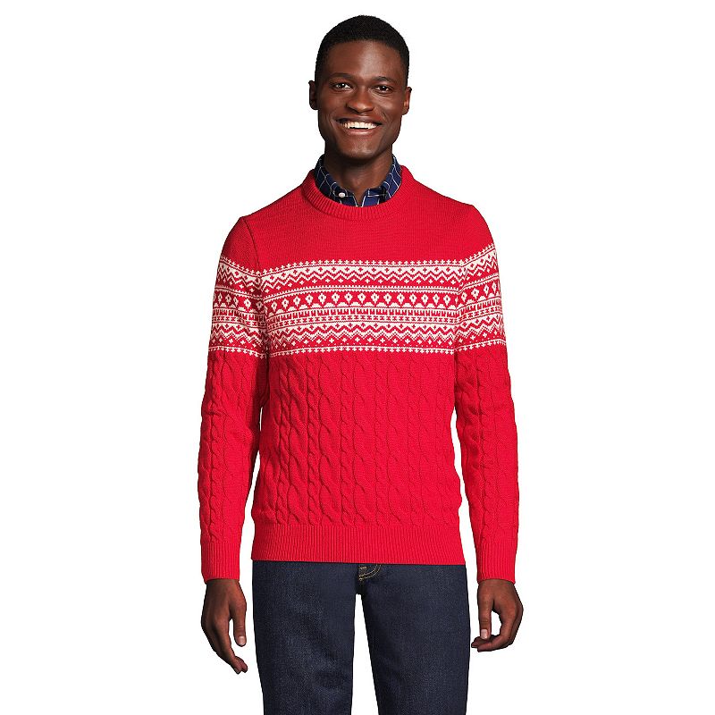 Mens Lands End Lighthouse Fair Isle Cable-Knit Sweater, Size: Large, Red