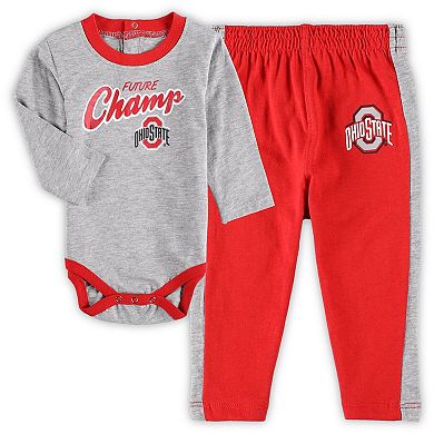 Newborn & Infant Scarlet/Heathered Gray Ohio State Buckeyes Little Kicker Long Sleeve Bodysuit & Sweatpants Set