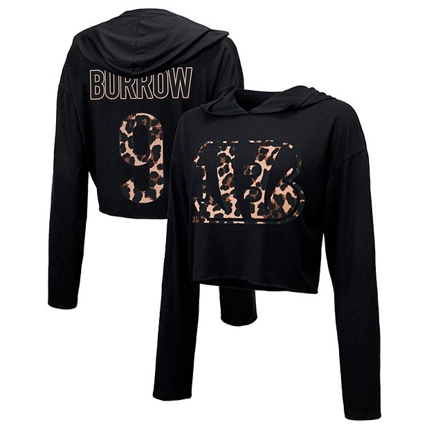 Women's Majestic Threads Joe Burrow Black Cincinnati Bengals Leopard Player  Name & Number Long Sleeve Cropped Pullover Hoodie