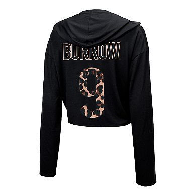 Women's Majestic Threads Joe Burrow Black Cincinnati Bengals Leopard Player Name & Number Long Sleeve Cropped Hoodie