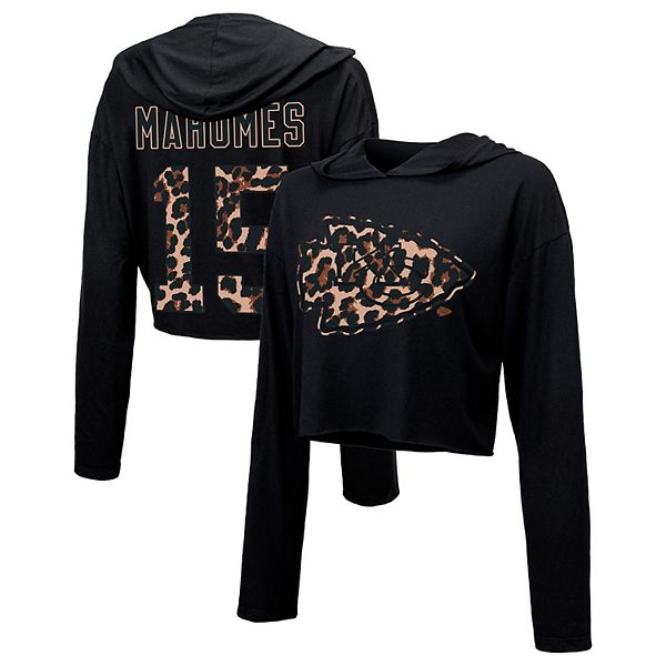 Women's Majestic Threads Patrick Mahomes Black Kansas City Chiefs Leopard  Player Name & Number Long Sleeve Cropped Hoodie