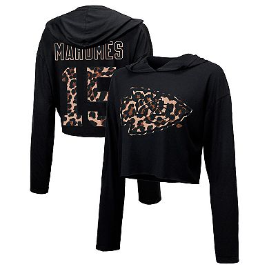 Women's Majestic Threads Patrick Mahomes Black Kansas City Chiefs Leopard Player Name & Number Long Sleeve Cropped Hoodie
