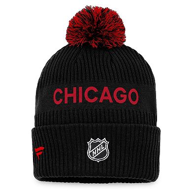 Men's Fanatics Branded Black/Red Chicago Blackhawks 2022 NHL Draft Authentic Pro Cuffed Knit Hat with Pom