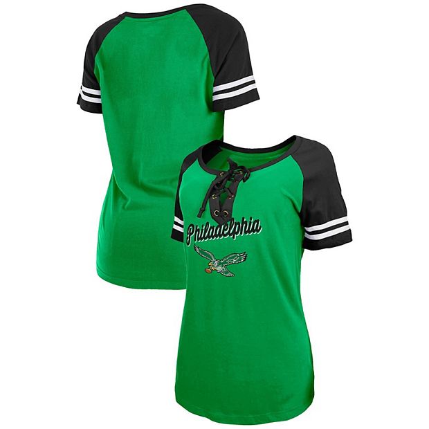 Women's New Era Kelly Green/Black Philadelphia Eagles Legacy Lace-Up Raglan  T-Shirt