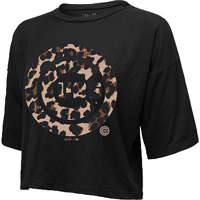 Women's Majestic Threads Black Chicago Cubs Leopard Cropped T-Shirt