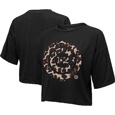 Women's Majestic Threads Black Chicago Cubs Leopard Cropped T-Shirt