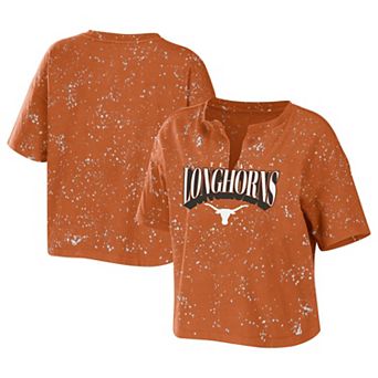 Women's WEAR by Erin Andrews Texas Orange Texas Longhorns Bleach Wash Splatter Notch Neck T-Shirt