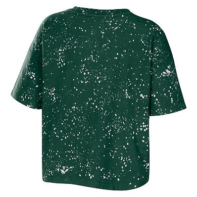 Women's WEAR by Erin Andrews Green Miami Hurricanes Bleach Wash Splatter Cropped Notch Neck T-Shirt