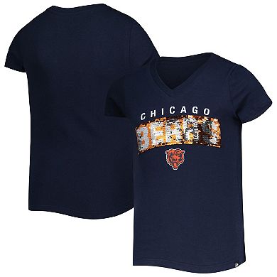 Girls Youth New Era Navy Chicago Bears Reverse Sequin Wordmark V-Neck T-Shirt