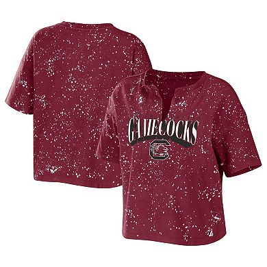 Women's WEAR by Erin Andrews Garnet South Carolina Gamecocks Bleach Wash Splatter Notch Neck T-Shirt