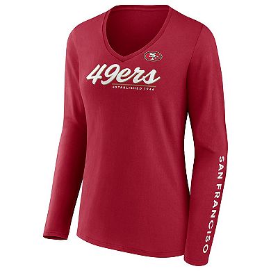Women's Fanatics Branded Scarlet San Francisco 49ers Drive Forward V-Neck Long Sleeve T-Shirt