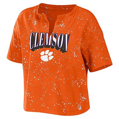 Women's WEAR by Erin Andrews Orange Clemson Tigers Bleach Wash Splatter Notch Neck T-Shirt