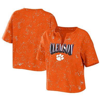 Women's WEAR by Erin Andrews Orange Clemson Tigers Bleach Wash Splatter Notch Neck T-Shirt