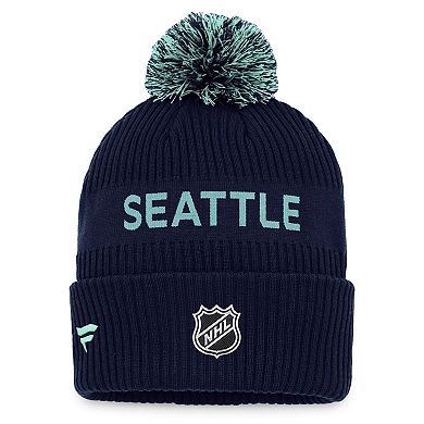 Men's Fanatics Branded Deep Sea Blue/Light Blue Seattle Kraken 2022 NHL Draft Authentic Pro Cuffed Knit Hat with Pom