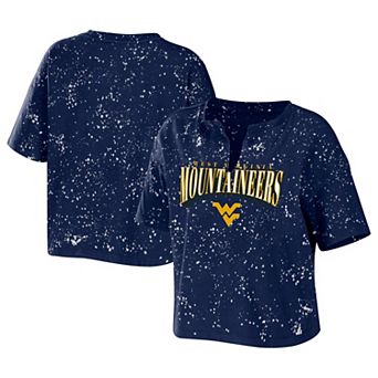 Women's WEAR by Erin Andrews Navy West Virginia Mountaineers Bleach Wash Splatter Notch Neck T-Shirt