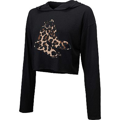 Women's Majestic Threads Black Boston Red Sox Leopard Cropped Hoodie