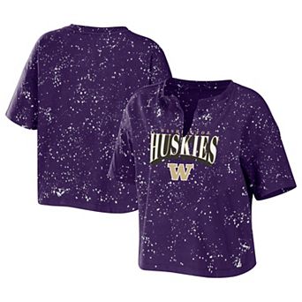 Women's WEAR by Erin Andrews Purple Washington Huskies Bleach Wash Splatter Notch Neck T-Shirt
