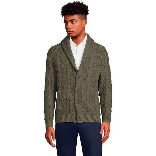 Men s Lands End Cotton Blend Cable Shawl Cardigan Sweater