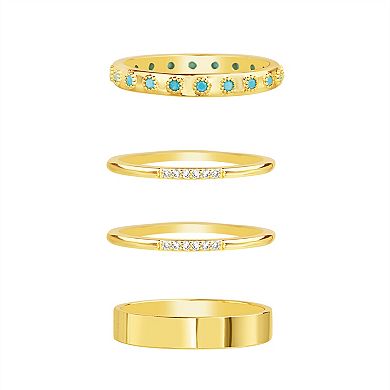 Paige Harper 14k Gold Over Recycled Brass Cubic Zirconia & Simulated Turquoise 4-Piece Stacking Rings Set