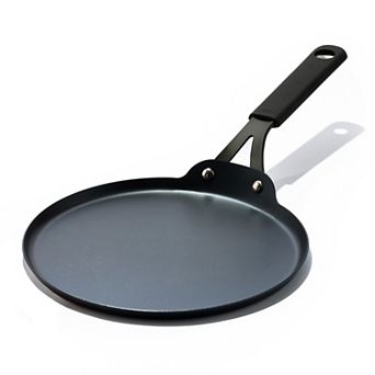 OXO Obsidian Pre-Seasoned Carbon Steel 10 in Induction Crepe Pan with Removable Silicone Handle Holder
