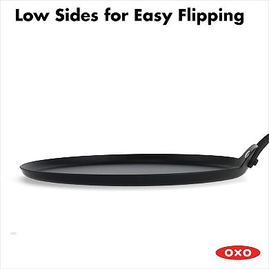 OXO Obsidian Pre-Seasoned Carbon Steel 10-in. Induction Crepe Pan with Removable Silicone Handle Holder