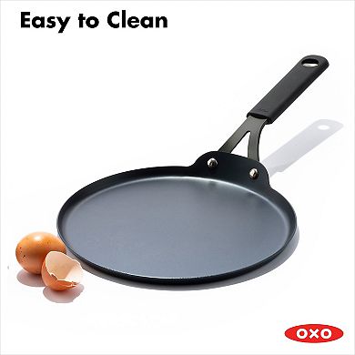 OXO Obsidian Pre-Seasoned Carbon Steel 10-in. Induction Crepe Pan with Removable Silicone Handle Holder