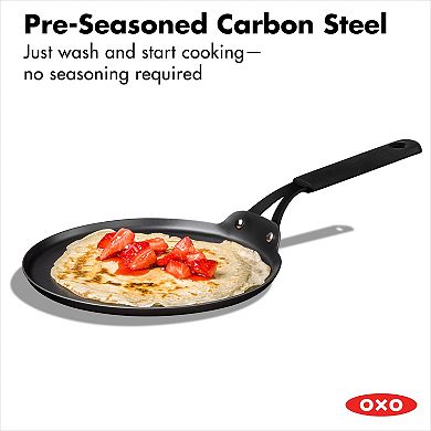 OXO Obsidian Pre-Seasoned Carbon Steel 10-in. Induction Crepe Pan with Removable Silicone Handle Holder