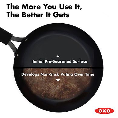 OXO Obsidian Pre-Seasoned Carbon Steel 12-in. Induction Wok Pan with Removable Silicone Handle Holder