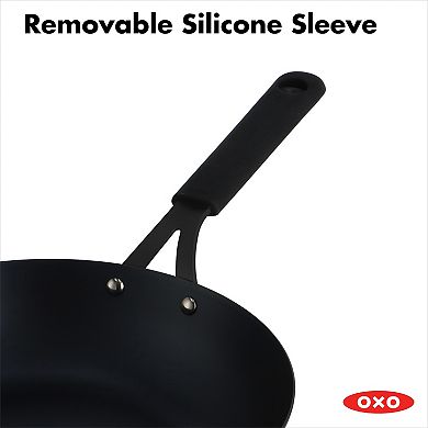 OXO Obsidian Pre-Seasoned Carbon Steel 12-in. Induction Wok Pan with Removable Silicone Handle Holder