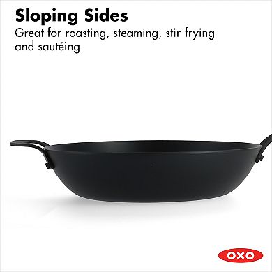 OXO Obsidian Pre-Seasoned Carbon Steel 12-in. Induction Wok Pan with Removable Silicone Handle Holder