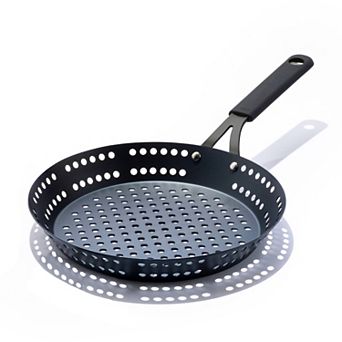 OXO Obsidian Pre-Seasoned Carbon Steel 12 in Frypan with Holes for Grilling with Removable Silicone Handle Holder