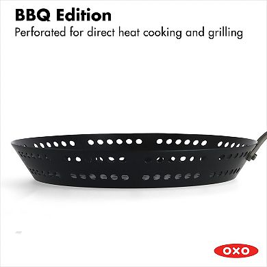 OXO Obsidian Pre-Seasoned Carbon Steel 12-in. Frypan with Holes for Grilling with Removable Silicone Handle Holder