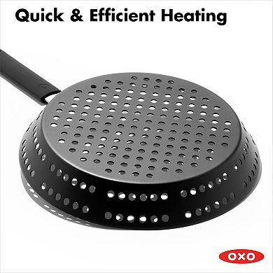 OXO Obsidian Pre-Seasoned Carbon Steel 12-in. Frypan with Holes for Grilling with Removable Silicone Handle Holder