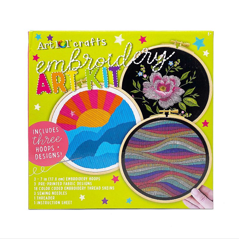 Art 101 Crafts Embroidery Art Kit with 3 Embroidery Hoops and Designs, Mult