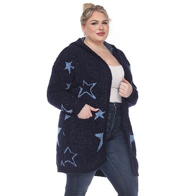 Plus Size White Mark Hooded Open-Front Star Sherpa Cardigan