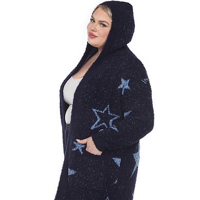 Plus Size White Mark Hooded Open-Front Star Sherpa Cardigan