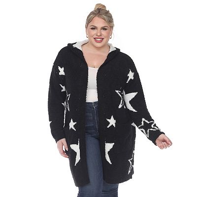 Plus Size White Mark Hooded Open Front Star Sherpa Cardigan
