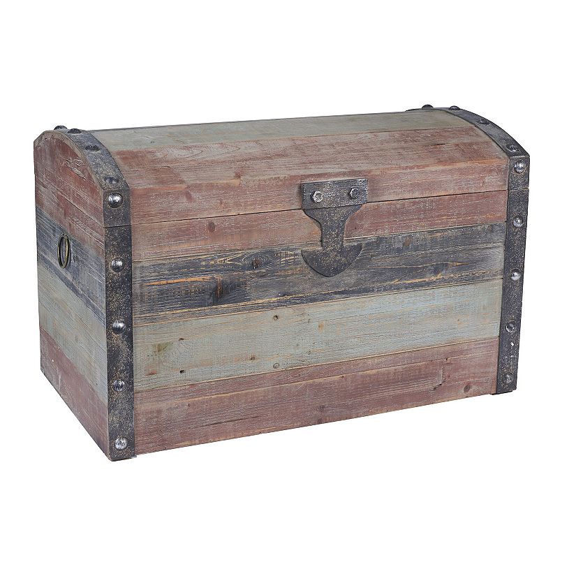 Weathered dome trunk with metal hardware and multicolor wooden planks