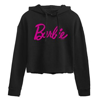 Juniors' Barbie Pink Logo Cropped Graphic Hoodie