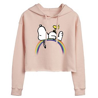 Juniors' Peanuts Snoopy Laying On Rainbow Cropped Graphic Hoodie