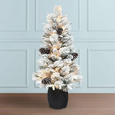 PULEO INTERNATIONAL 4.5-ft. Pre-Lit Flocked Potted Pine Artificial Christmas Tree