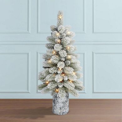 PULEO INTERNATIONAL 3.5-ft. Pre-Lit Potted Flocked Pine Artificial Christmas Tree