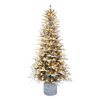 Puleo International 7.5 ft. Pre-Lit Potted Flocked Arctic Fir Artificial Christmas Tree