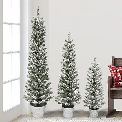PULEO INTERNATIONAL Potted Flocked Pencil Artificial Christmas Tree 3-piece Set