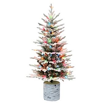 PULEO INTERNATIONAL 4.5 ft. Multi-Color Pre-Lit Potted Flocked Arctic Fir Artificial Christmas Tree
