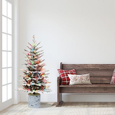 PULEO INTERNATIONAL 4.5 ft. Multi-Color Pre-Lit Potted Flocked Arctic Fir Artificial Christmas Tree