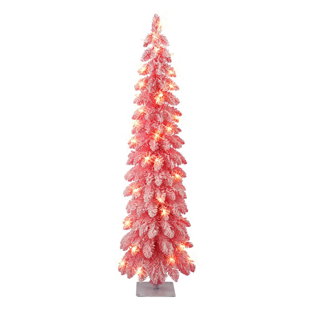 PULEO INTERNATIONAL 4 ft. Pre-Lit Pink Flocked Alpine Pencil Artificial ...